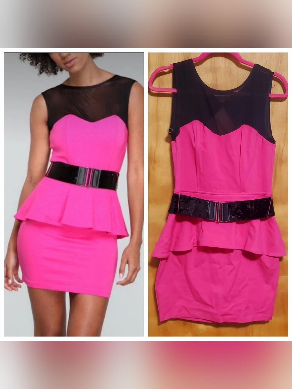 Baby Phat Hot Pink Peplum Mini Dress with Black Mesh Yoke SZ M